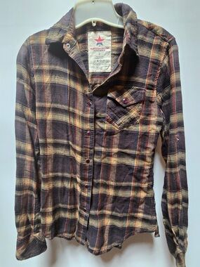 Redneck Riviera Women's Plaid Button-Down Shirt in Brown and Red